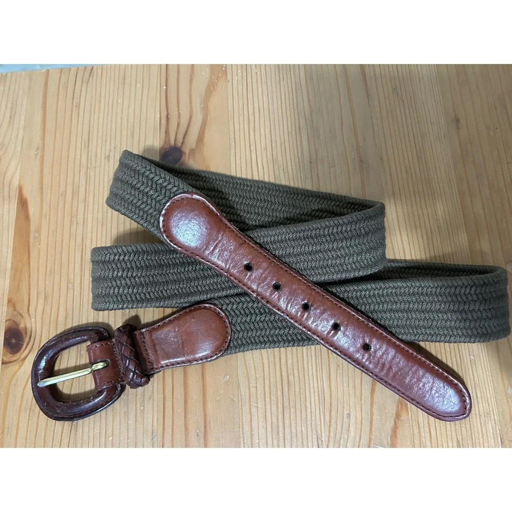 Talbots Woven Belt Brown Leather Trim Olive Green Large Classic Preppy Old Money